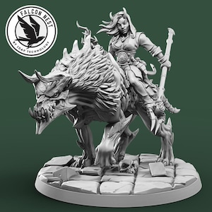 May include: A detailed grayscale figurine of a female warrior riding a monstrous creature. The figure is on a stone base. The creature has sharp teeth and claws. The figurine has the Falcon Nest logo.
