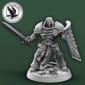 May include: A detailed, gray figurine of a warrior in full armor, holding a sword and shield. The shield features intricate carvings. The figurine stands on a white base with small figures. The Falcon Nest logo is in the upper left corner.