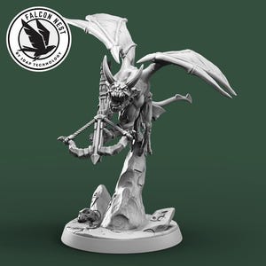 May include: A detailed, grayscale figurine of a winged demon holding a crossbow, mounted on a rocky base. The figurine has horns, sharp teeth, and outstretched wings. The Falcon Nest logo is in the upper left corner.