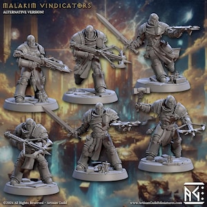 May include: A collection of gray miniature figures of armored warriors, each posed with a weapon. The figures are on circular bases, and some hold swords, axes, or crossbows. The text "MALAKIM VINDICATORS ALTERNATIVE VERSION!" is at the top.