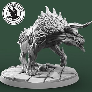 May include: A detailed, grayscale figurine of a monstrous creature with horns, sharp teeth, and a spiky mane. The figure stands on a stone base with a skull and rubble. The Falcon Nest logo is in the upper left.