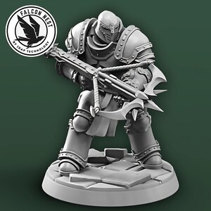 May include: A gray figurine of a warrior in armor, holding a weapon with blades. The figure stands on a textured base. The Falcon Nest logo is in the upper left corner.