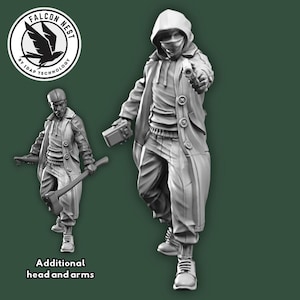 May include: A grayscale figurine of a person in a hooded jacket and pants, pointing a gun. A smaller version of the figure is to the left, holding an axe. The Falcon Nest logo is in the upper left corner. Text at the bottom reads "Additional head and arms."