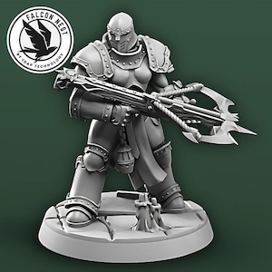 May include: A gray figurine of a warrior in armor, holding a large crossbow. The figure is on a round base, with a logo in the upper left corner. The background is a solid dark green.