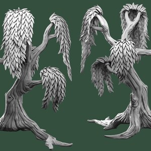 Puede incluir: Dos esculturas de árboles grises y estilizados con estructuras en forma de hojas en cascada. Los árboles tienen corteza texturizada y están sobre un fondo verde oscuro. El logotipo de Falcon Nest está en la esquina superior izquierda.