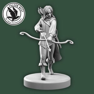 May include: A grayscale figurine of an archer, poised to shoot an arrow. The figure is on a round base, with a bow drawn and arrow nocked. The Falcon Nest logo is in the upper left corner.