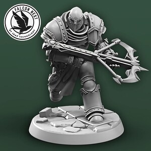 May include: A gray figurine of a futuristic warrior in armor, holding a large crossbow. The figure is on a round base with a cracked surface. The Falcon Nest logo is in the upper left corner.