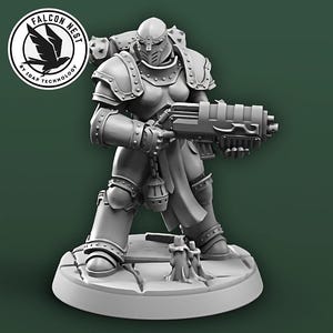 May include: A gray, 3D-printed miniature of a female warrior in futuristic armor, holding a large weapon. The figure stands on a circular base. The Falcon Nest logo is in the upper left corner.
