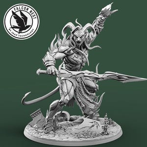 May include: A detailed, grayscale figurine of a demonic warrior with horns, holding a large sword and raising a hand. The figure is on a circular base with architectural details. The Falcon Nest logo is in the upper left corner.