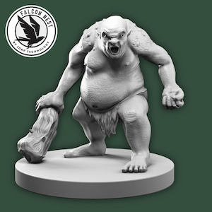 May include: A grayscale 3D-printed figurine of a muscular troll with an open mouth, holding a wooden club. The troll stands on a circular base. The Falcon Nest logo is in the upper left corner.