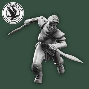 Peut inclure: Figurine en niveaux de gris d'un guerrier en mouvement, maniant deux épées. La figurine porte une armure et des genouillères, avec une expression déterminée. Le logo Falcon Nest est dans le coin supérieur gauche.