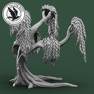 May include: A grayscale sculpture of a stylized tree with cascading leaf-like structures. The tree has a textured trunk and branches, with a circular logo in the upper left corner that reads "FALCON NEST" and "BY IDAP TECHNOLOGY". The background is a solid dark green.