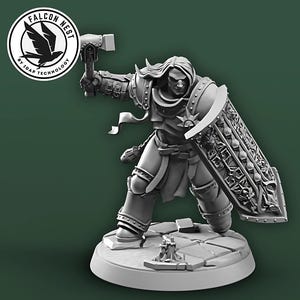 May include: A gray figurine of a warrior in armor, holding a hammer and shield. The shield features intricate designs. The figurine stands on a circular base with a small structure. The Falcon Nest logo is in the upper left corner.