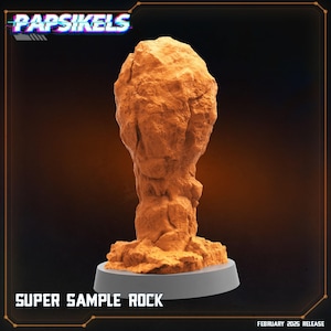 Puede incluir: Una detallada formación rocosa de color marrón anaranjado sobre una base gris. El texto "SUPER SAMPLE ROCK" se muestra en la parte inferior. El texto "PAPSIKELS" aparece en la esquina superior izquierda. El texto "FEBRUARY 2025 RELEASE" está en la esquina inferior derecha.