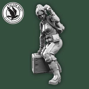May include: A grayscale figurine of a person in a futuristic outfit, kneeling and holding a box. The figure has a backpack and a side pouch. The Falcon Nest logo is in the upper left corner.