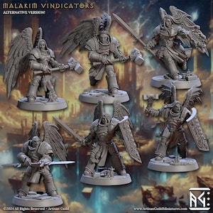 May include: Six detailed miniature figures of winged warriors, each posed with weapons like swords, hammers, and shields. The figures are in a neutral color, with intricate armor and feathered wings. The text "MALAKIM VINDICATORS" is at the top.