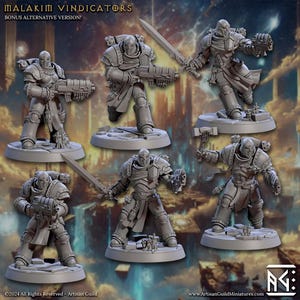 May include: A collection of gray miniature figures of armored warriors, each posed with weapons like swords, hammers, and guns. The figures stand on circular bases. The text "MALAKIM VINDICATORS" and "BONUS ALTERNATIVE VERSION!" is visible at the top. The Artisan Guild logo is in the bottom right.