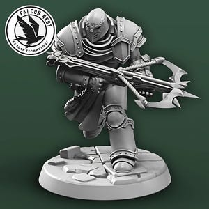 May include: A gray figurine of a warrior in armor, holding a crossbow. The figure is on a round base with a cracked stone design. The Falcon Nest logo is in the upper left corner.