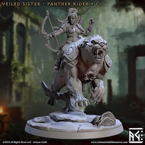 Veiled Sister Panther Rider C v1 - Mythical Fantasy Miniature for Tabletop Adventures and Dioramas Precision 3D Printed Resin Model for Ent