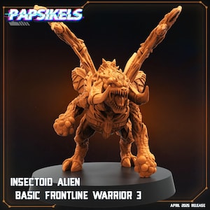 May include: A detailed, orange-brown insectoid alien figure with large wings and sharp teeth. The figure is labeled "INSECTOID ALIEN BASIC FRONTLINE WARRIOR 3" and "APRIL 2025 RELEASE". The logo "Papsikels" is at the top.