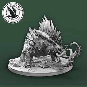 May include: A detailed grayscale 3D-printed figurine of a fantasy creature, possibly a boar or similar beast. The figure has large tusks, spiky armor, and a crest of spines. The Falcon Nest logo is in the upper left corner.