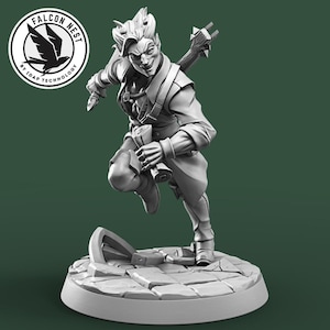 May include: A grayscale figurine of a character in a dynamic pose, holding a scroll and a weapon. The figure is on a circular base with a broken shield. The Falcon Nest logo is in the upper left corner.