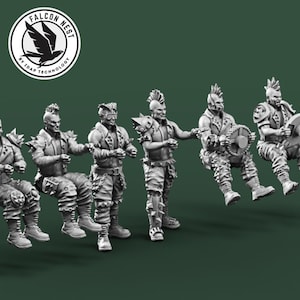 May include: Six detailed miniature figures of post-apocalyptic characters, each with a unique punk-inspired design. The figures are in various poses, some seated, some standing, and some holding gear. The Falcon Nest logo is in the upper left.