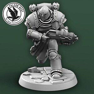 May include: A gray 3D-printed miniature of a futuristic soldier, holding a large weapon. The figure is on a cracked base, with the Falcon Nest logo in the upper left corner. The soldier is wearing armor.