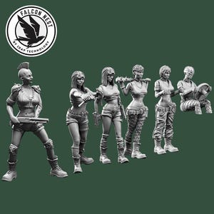 May include: A collection of six grayscale figurines of female characters in post-apocalyptic attire. The figures are in various poses, some holding weapons. The Falcon Nest logo is in the upper left corner.