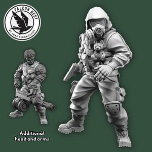 Può includere: Immagine in scala di grigi con due figurine dettagliate di personaggi in equipaggiamento tattico. Una figura è armata con una mitragliatrice, l'altra con una pistola. La figura più grande indossa una maschera antigas e un orsacchiotto. Il testo "Additional head and arms" e un logo sono inclusi.