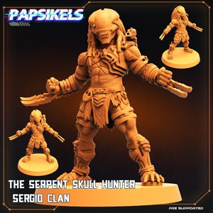 May include: A tan Predator figurine, featuring detailed armour and dreadlocks, is displayed on a base. The image includes the text "Papsikels," "The Serpent Skull Hunter," and "Sergio Clan." Two smaller figurines are also shown.
