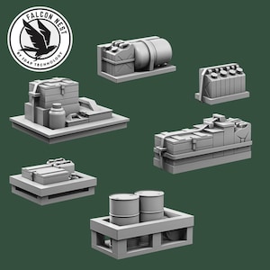 May include: A collection of gray miniature industrial models, including tanks, containers, and platforms. The Falcon Nest logo is in the upper left corner. The models are set against a dark green background.
