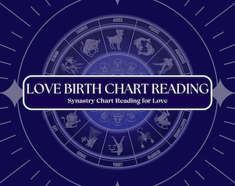 May include: A dark blue graphic with a circular zodiac chart design. The text "LOVE BIRTH CHART READING" is displayed in a white rectangular box. The image also includes the text "Synastry Chart Reading for Love".