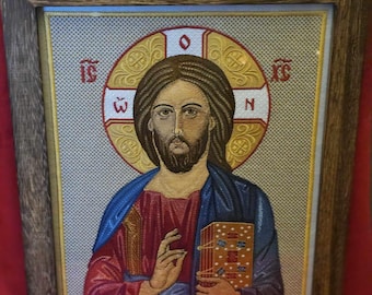 Jesus Christ Pantocrator Embroidered Orthodox Icon – 10.4×13.22 in, Framed 11×14