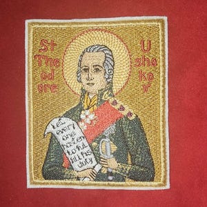 Broderad ikonlapp med Sankt Theodore Ushakov – fickikon 3,35 x 3,94 tum