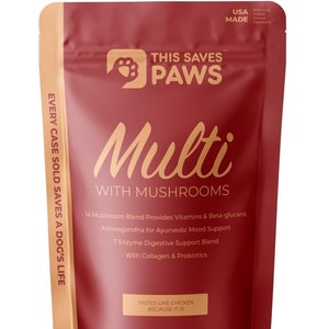 May include: Red pouch with a white paw print logo that says "This Saves Paws" and the text "Multi with Mushrooms". The pouch contains 90 soft chews for dogs and has a net weight of 12.6 oz (360g).