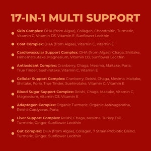 May include: A red background with white text listing 17 different health support complexes. Each complex is named and includes a list of ingredients. The ingredients include DHA, collagen, turmeric, vitamin C, vitamin D3, vitamin E, sunflower lecithin, cranberry, chaga, mesima, maitake, poria, true tinder, suehirotake, reishi, cordyceps, ashwagandha, ginger, and turkey tail.