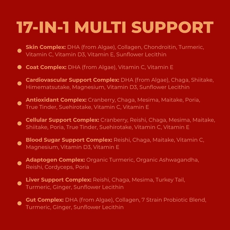 May include: A red background with white text listing 17 different health support complexes. Each complex is named and includes a list of ingredients. The ingredients include DHA, collagen, turmeric, vitamin C, vitamin D3, vitamin E, sunflower lecithin, cranberry, chaga, mesima, maitake, poria, true tinder, suehirotake, reishi, cordyceps, ashwagandha, ginger, and turkey tail.