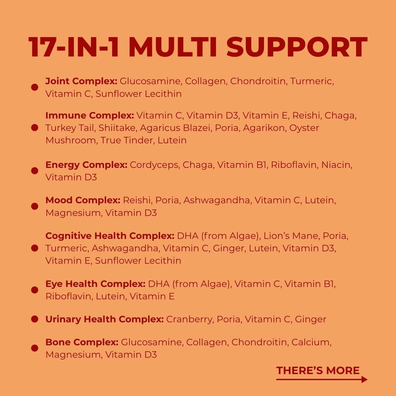 May include: A graphic listing 17 different dietary supplements, each with a complex name and a list of ingredients. The graphic is titled "17-IN-1 MULTI SUPPORT" and has a red arrow pointing to the right with the text "THERE'S MORE".