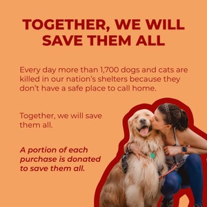 May include: A woman is kissing a golden retriever dog on the head. The image has a red border and the text "Together, we will save them all." Every day more than 1,700 dogs and cats are killed in our nation's shelters because they don't have a safe place to call home. Together, we will save them all. A portion of each purchase is donated to save them all.
