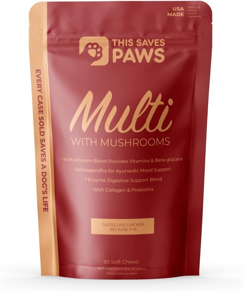 May include: Red pouch with a white paw print logo that says "This Saves Paws" and the text "Multi with Mushrooms". The pouch contains 90 soft chews for dogs and has a net weight of 12.6 oz (360g).