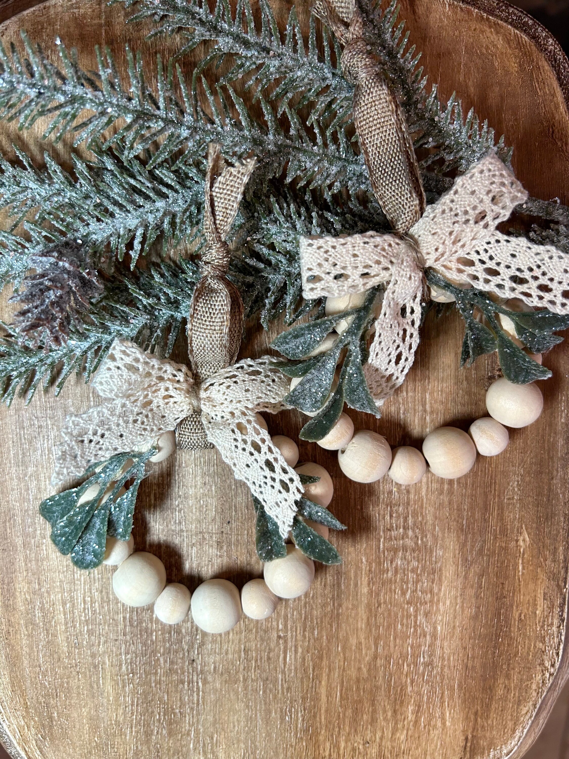 Handmade Set of 5 Natural & Red Wood Bead Christmas Ornaments Decor