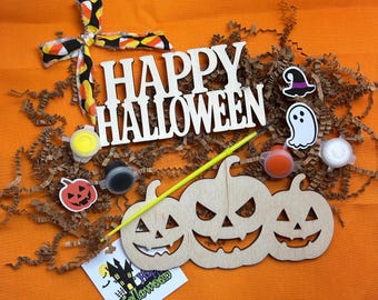 DIY Halloween Paint Kit: Laser Cut Wood Signs - Kids Craft Set
