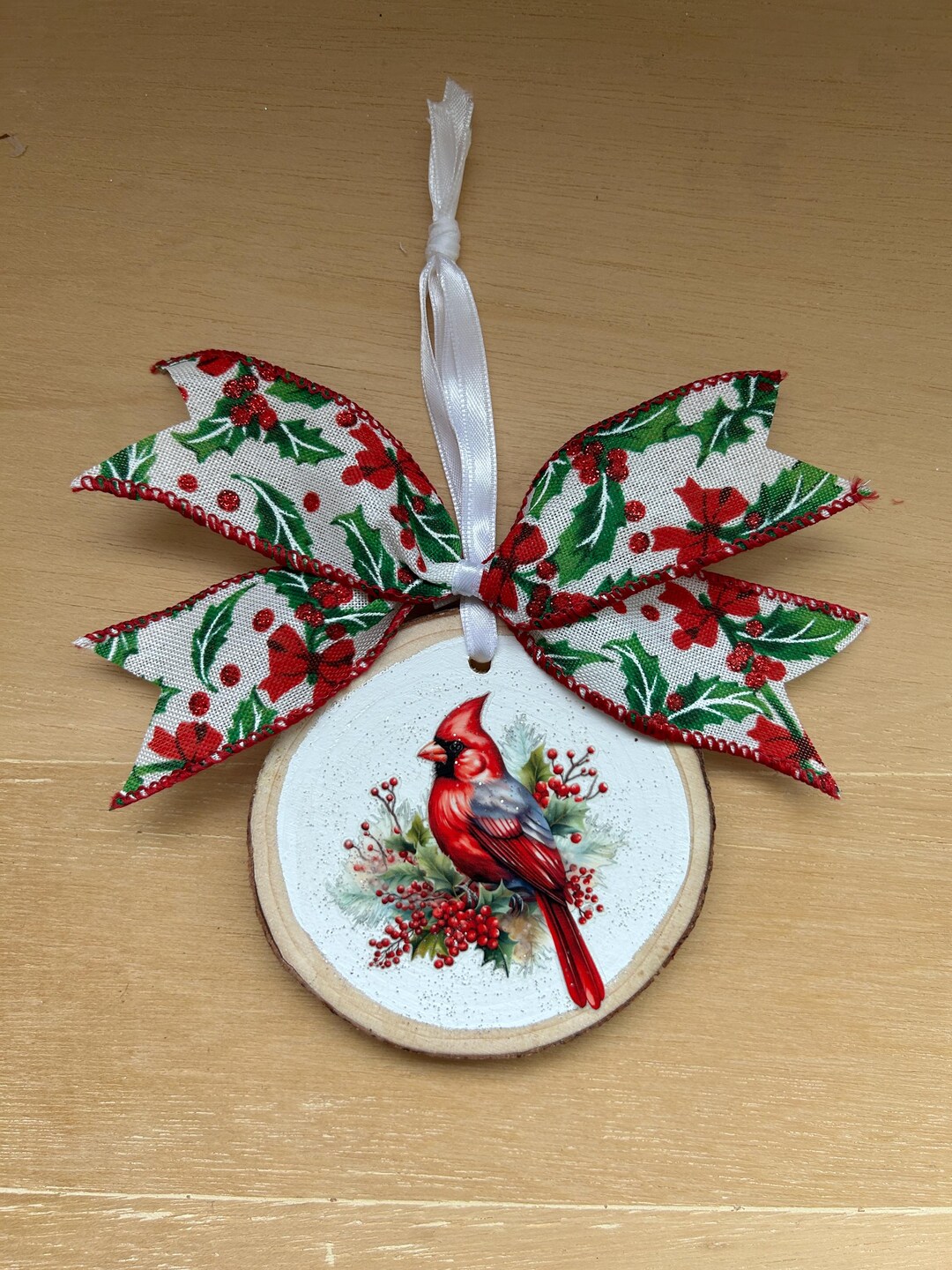 Cardinal Christmas Wood Slice Ornament With Holly Bow and Winter Berry ...