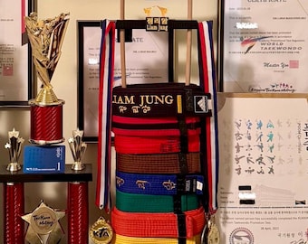 Personalized Martial Arts Belt & Medal Display for Judo, karate, taekwondo gift Room organizer