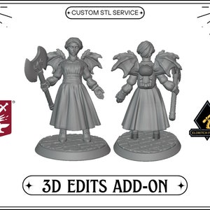 Puede incluir: Una miniatura impresa en 3D de una figura femenina con alas y un hacha grande. La figura lleva un vestido largo y tiene una mochila. La miniatura está impresa en plástico gris y está lista para ser pintada. La imagen incluye el texto "3D Edits Add-On".