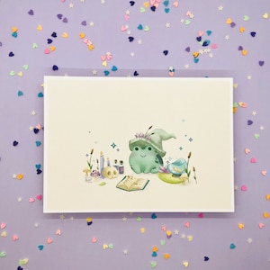 Froggy Magic Art Print| 5x7 Wizard Frog Wall Decor, Cute Witchy Nursery Art, Kawaii Nature Fantasy, Gift for Kids, Teens, or Frog Lovers