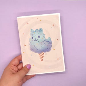 Carte de voeux de lama de barbe à papa | Mignonne carte de correspondance vierge 5 x 7 avec enveloppe, papeterie lama pastel kawaii, carte amusante pour enfants ou amis