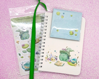 Frog Stationery Set: Kawaii Journal Bundle with Holographic Stickers