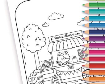 Página para colorear de un mercado de gatos caprichosos / Ilustración imprimible / Descarga digital